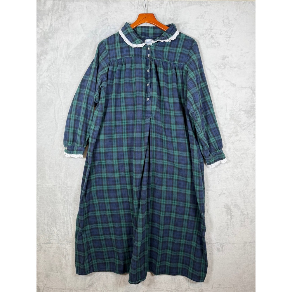 Lanz of Salzburg Nightgown Large Green Blue Plaid Flannel Lace Trim